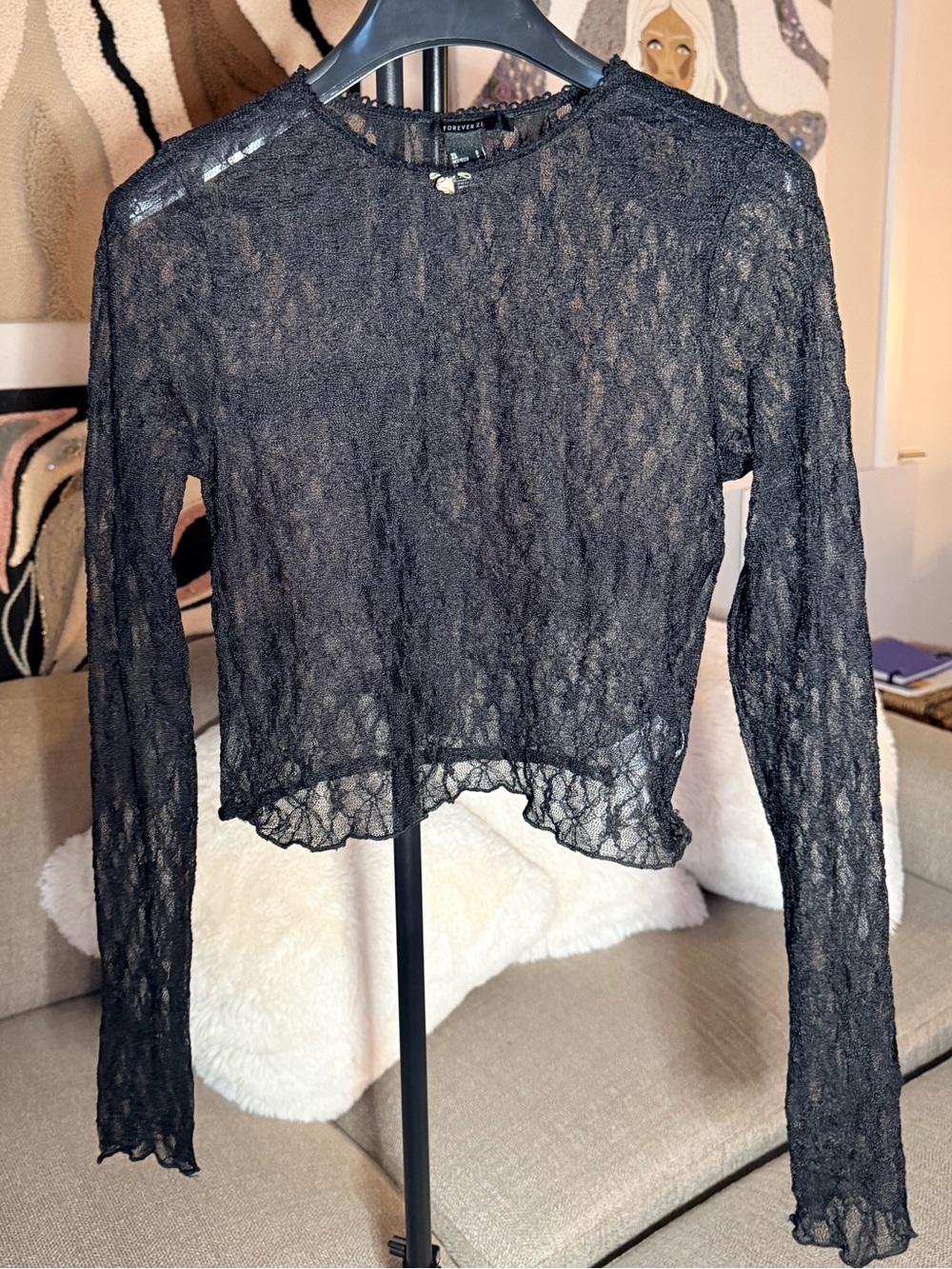 Forever 21 Black Sheer Lace Long-Sleeve Top